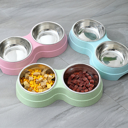 Double Pet Bowls Dog Food Water Feeder Stainless Steel Pet Drinking 