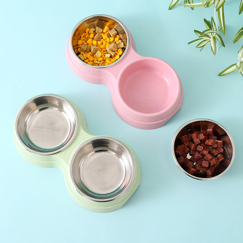 Double Pet Bowls Dog Food Water Feeder Stainless Steel Pet Drinking 